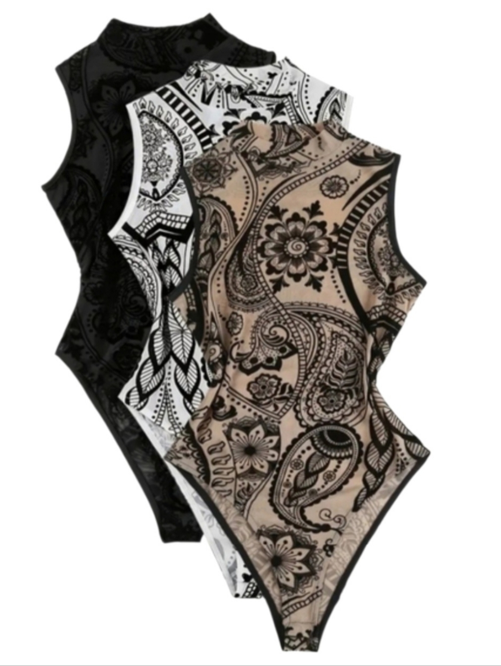 New 3 Pcs Tropical Print Semi sheer Mesh Velvet Burnout Sleeveless Bodysuit Sz M